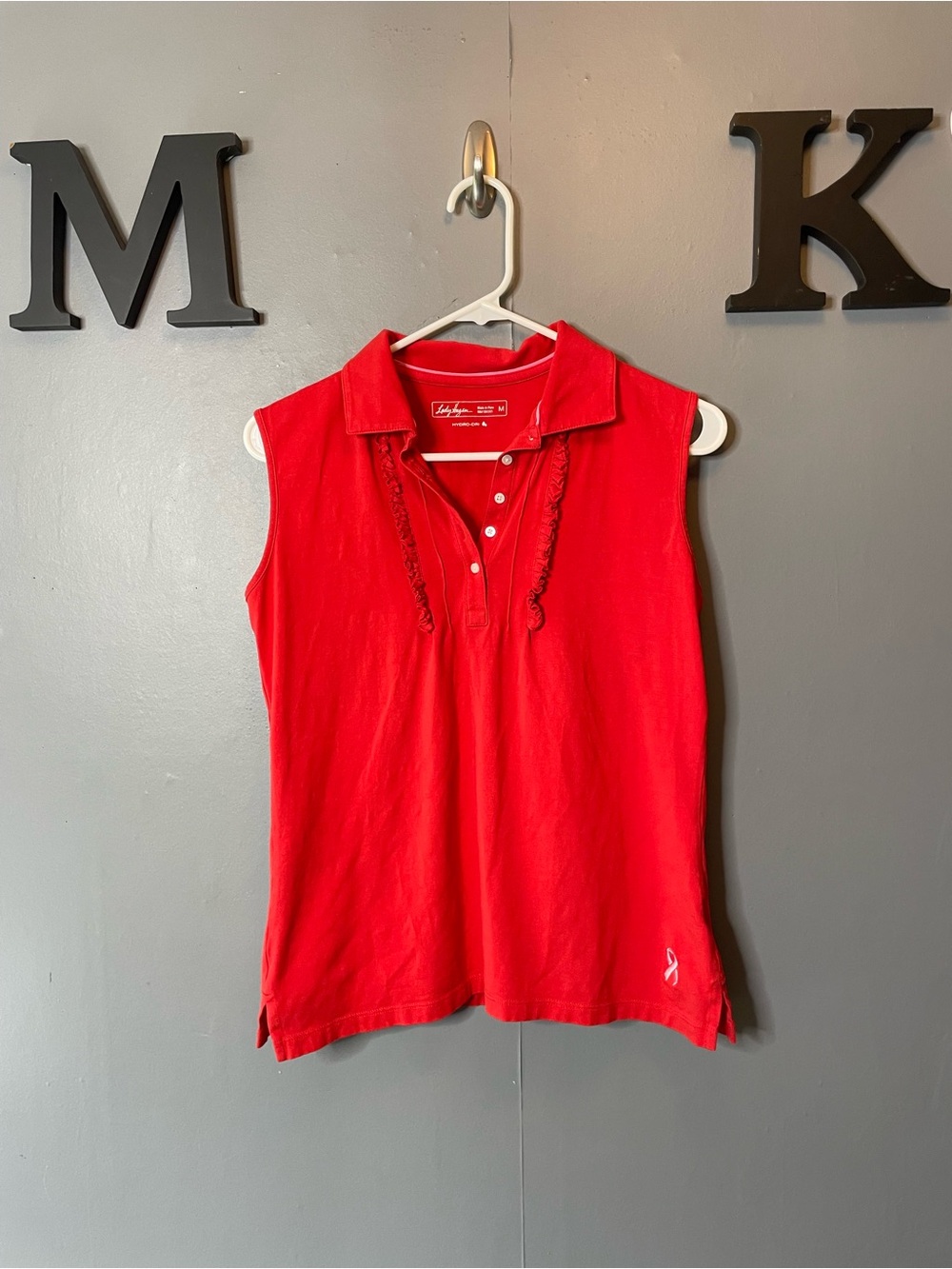 Lady Hagen Red ruffle sleeveless polo breast cancer awareness size medium